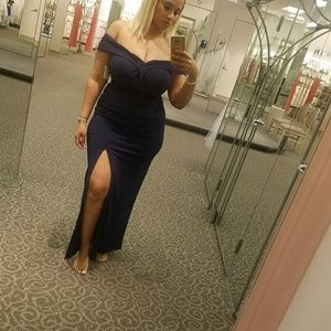 Gorgeous off-the-shoulder scuba crepe sheath gown